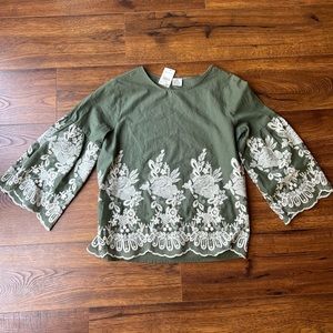 Green Bell Sleeve Top With Embroidered Detail